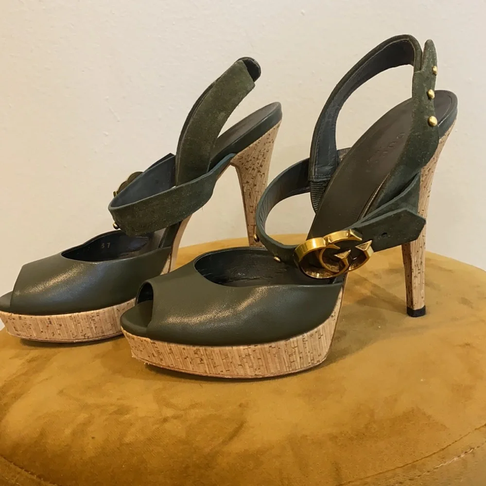 Gucci Dark Green leather and suede platform sandals with cork Heels | Size 37 - Picture 4 of 4